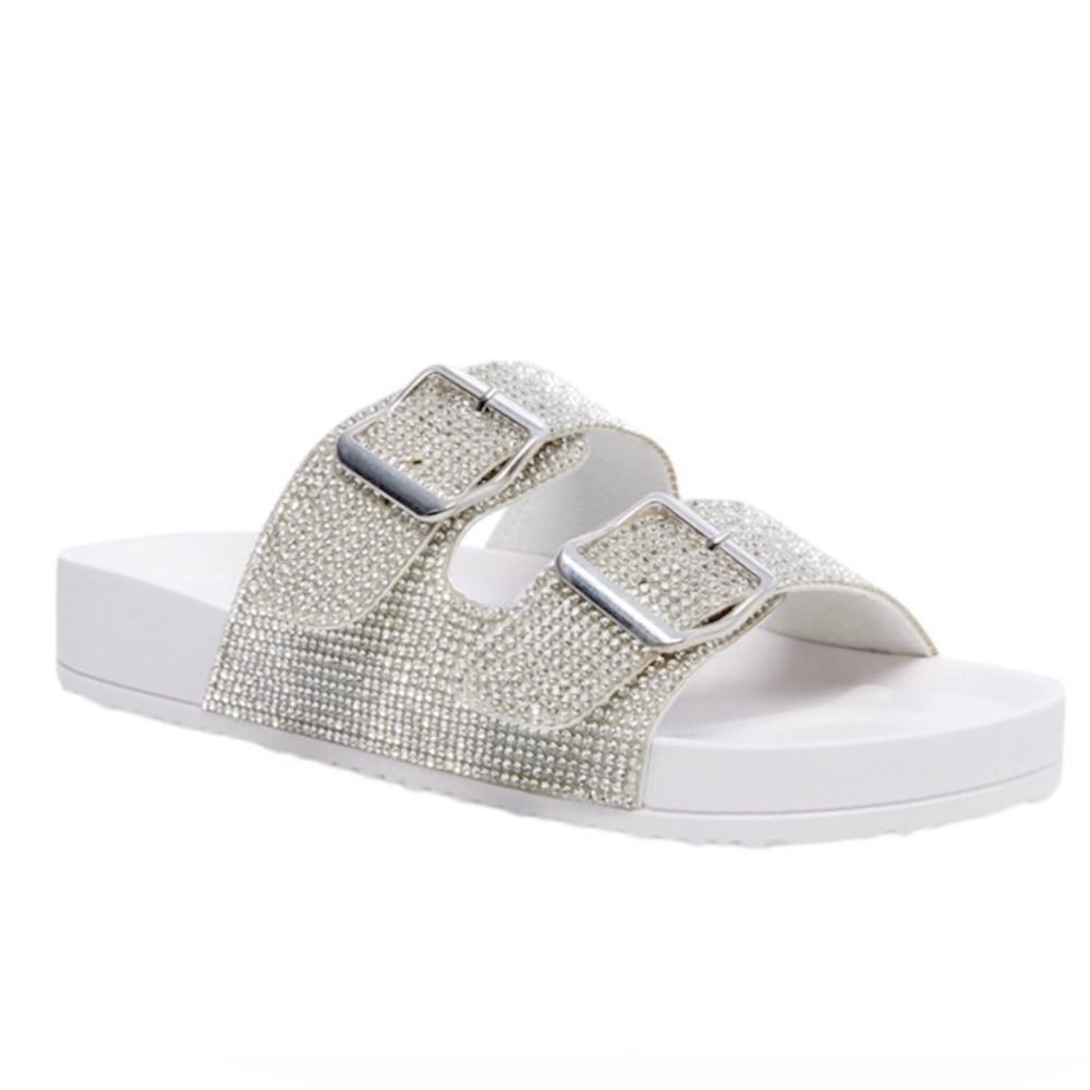 •MADDEN GIRL• Silver Rhinestone Teddy Flatbed Slide Sandal Sz 10